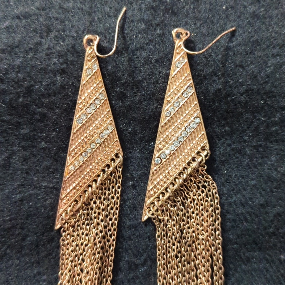 Gold Tone Clear Rhinestone Triangle Chain Fringe Shoulder Duster Earrings - Picture 2 of 4